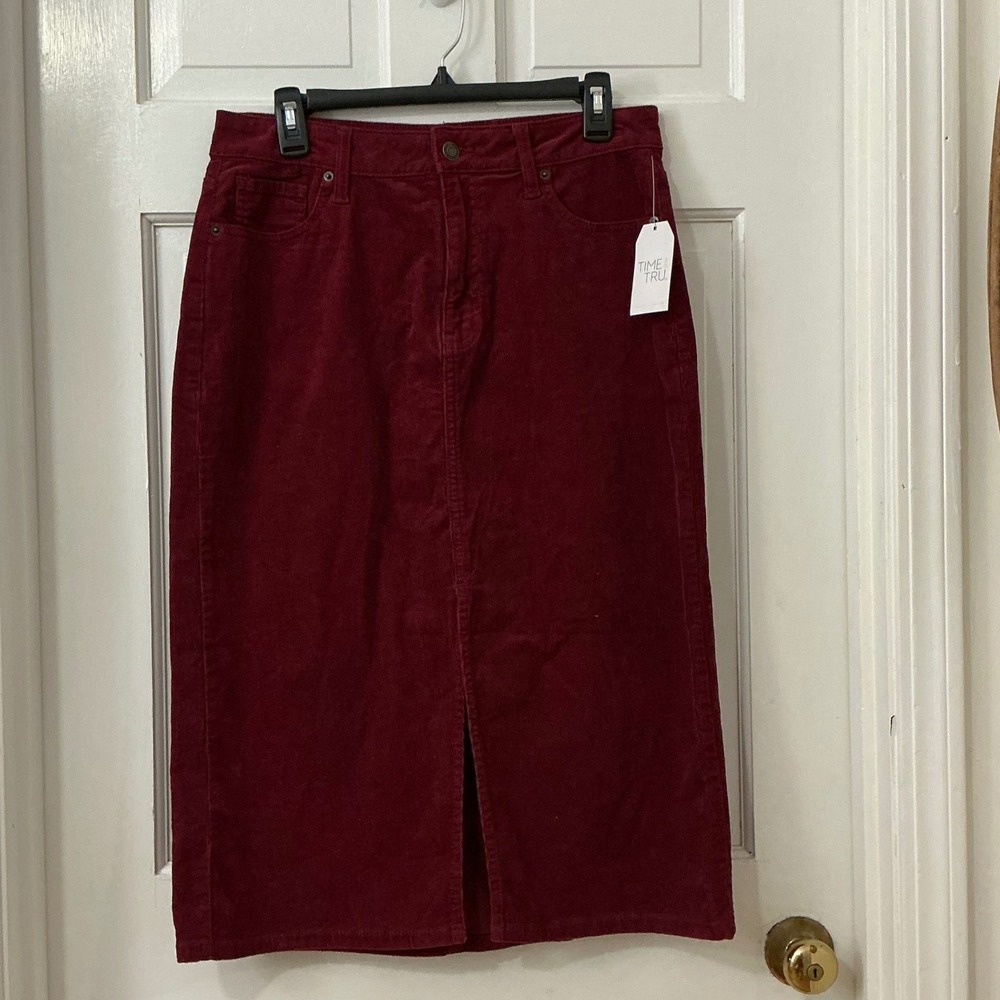Burgundy Corduroy Midi Skirt 10 Cotton Slit Fall Classic Dark Academia NWT